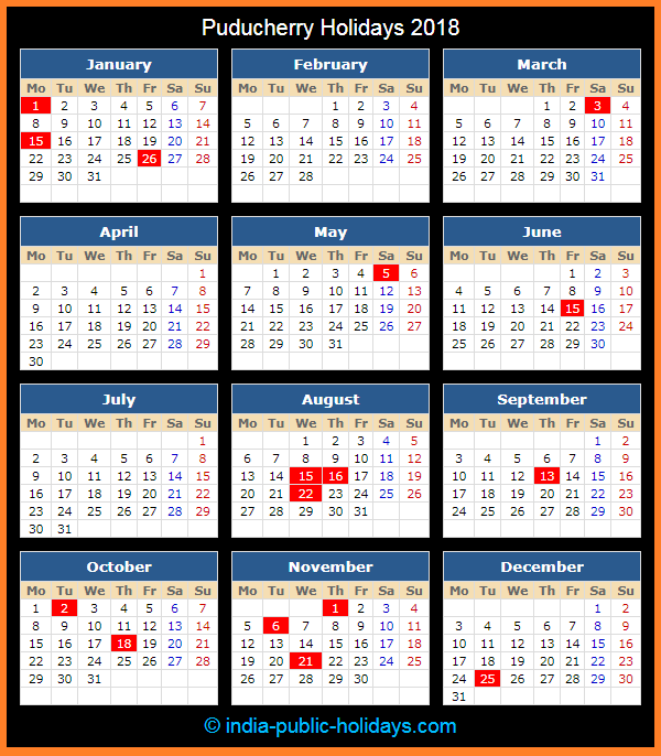 Puducherry Holiday Calendar 2018